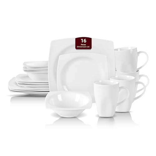 HomeVss, New Bone China Dinnerware Set, Rim Square Shape, 16pc Set