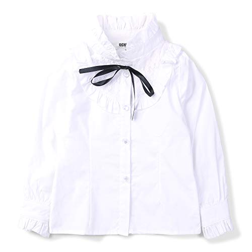 OCHENTA Girls Button Down Shirt Long Sleeve Ruffle Collar Blouse with Bowknot Lace for School Uniform Daily