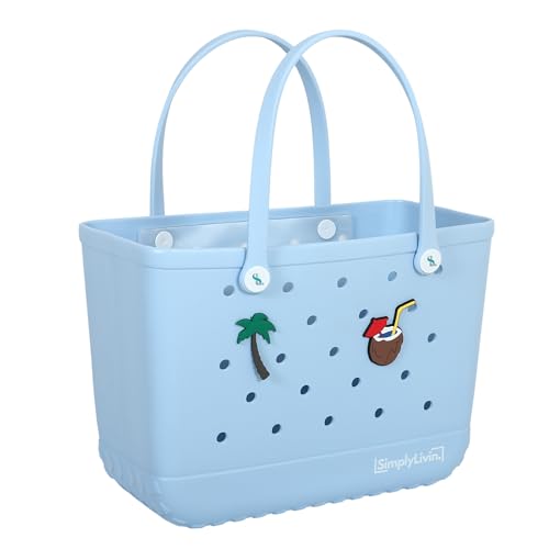 SimplyLivin. Beach Bag | Tote Bag | Waterproof Rubber Bag for Pool Sports Shopping | Washable and Lightweight | Durable and Versatile | Includes Two Charms and Pocket | Baby Blue | Medium