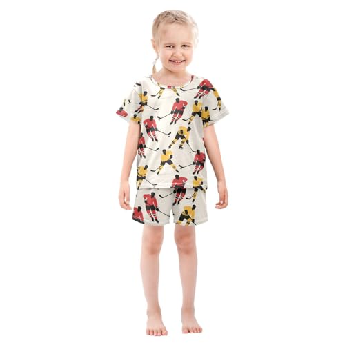 ALAZA Ice Hockey Cartoon Yellow Red Pajamas Set Short Sleeve Cotton Sleepwear Summer Pjs 2 Piece 5-14Y3