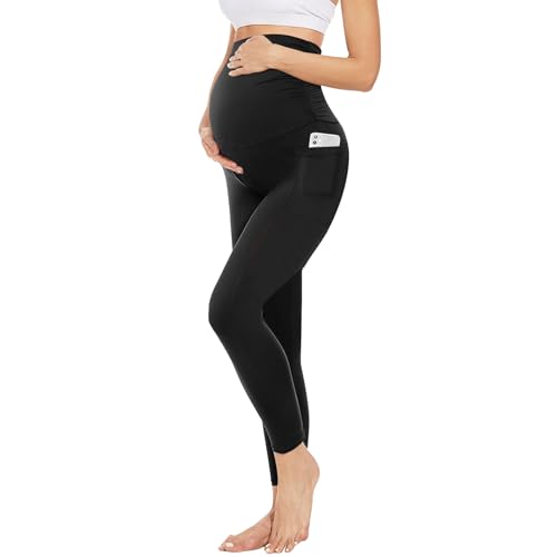 Risipu Leggings de maternidad con forro polar con bolsillos sobre el vientre, térmicos para mujer, para entrenamiento de maternidad, pantalones de yoga, cálidos y suaves para el invierno, Negro , M