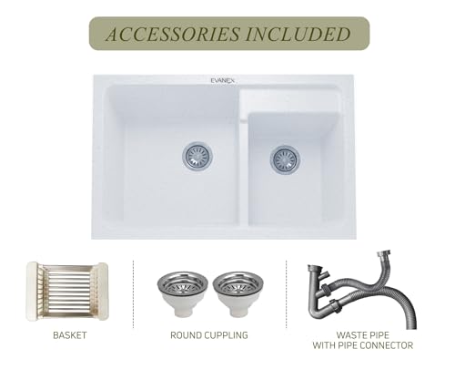 Image of EVANEX Quartz Kitchen Sink | 31x18x9 Inch Double Bowl Sink for Kitchen | Granite Topmount /Undermount Kitchen Sinks | Sand Pluto Double Sink with Connector, Waste Pipe, Coupling and Drain Basket