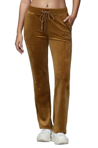 COZZIPLUS Damen Velourshose, weiche Samt-Sweathose für Damen, gerade Bein-Hochtaillierte Velours-Loungehose mit Taschen, senfgelb, S