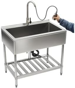 Fregadero de cocina de acero inoxidable con grifo, fregadero de lavandería independiente de 35.8 x 21.8 pulgadas, acero inoxidable 201, fácil de