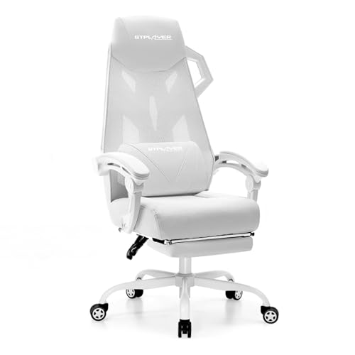 GTPLAYER #1USA Ergonomic Gaming Chair with Footrest Mesh Back Computer Desk Chair with Recline Adjustable Headrest & Lumbar Support Mech Design Video Game Chair for Home Study & Office (White)