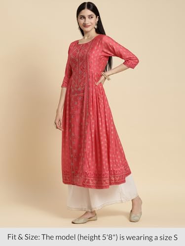 Image of rangita Women's Chanderi Relaxed Fit Flared Calf Length Printed Kurti | Kurta