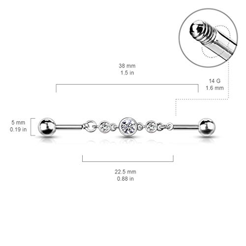Amelia Fashion 14 Gauge Triple Round Cz Chain Industrial Barbell 316L Surgical Steel (Choose Color) (Clear) #TOP1