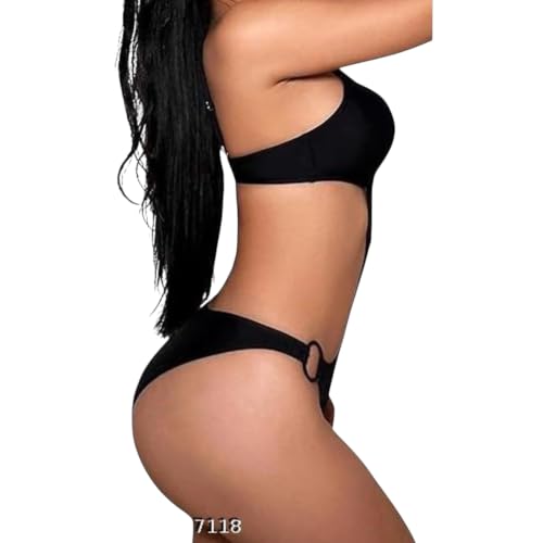 Image of Women's Black Cut Out One Piece Swimsuit | Monokini with Metal Ring Detail | Deep V Neck Backless Stretch Swimwear for Women