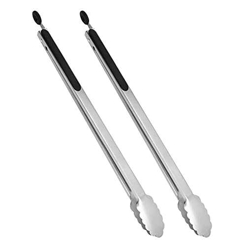 UPTALY Pinces à barbecue extra longues de 45 cm (2 noires), pinces à barbecue en acier inoxydable avec long manche, grande pince à nourriture, pince de cuisson allongée, pince de service étendue