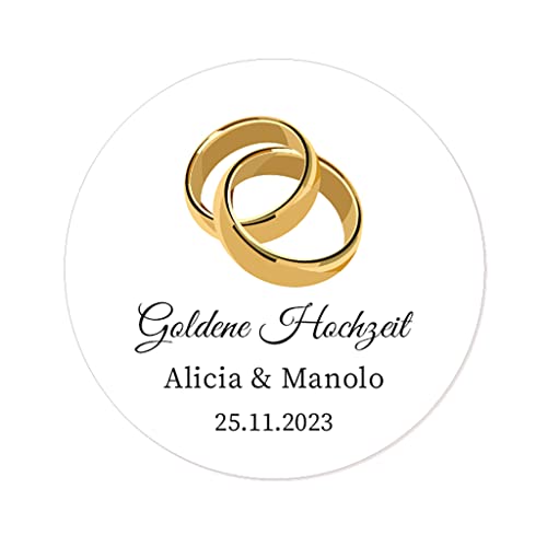 50 PERSONALISIERT Goldene Hochzeit Aufkleber, Goldene Ringe 40mm Runde Hochzeitsaufkleber Etiketten für Hochzeit,Gastgeschenk,50 Jahre Hochzeitstagfeier,Tüten,Flaschen - Rd 010 (001)