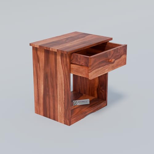 Image of Jangid Handicraft Solid Sheesham Wood Bedside Table with Drawer | Nightstand for Bedroom, Living Room & Home Decor | Wooden Side Table with Storage Shelf & Drawer, Natural Finish