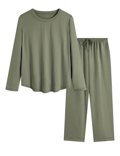 Image of KCW Womens Pajamas Sets 100% Cotton 2 Piece Lounge Set Long Sleeve Tops and Pants Soft Pjs Sleepwear with Pockets