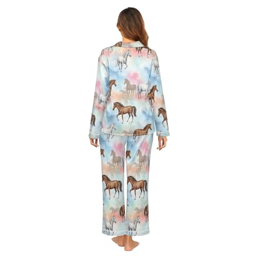 Image of Womens Silk Satin Pajamas Set Western Theme Womens Short Sleeve Shorts Set 2 Piece Sleepwear Lounge Set S-XXL