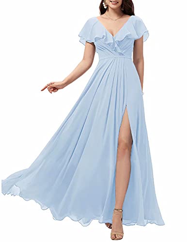 Flowy Chiffon Bridesmaid Dresses for Women 2022 Long Side Split Formal Prom Gowns Ruffle Evening Dress Light Blue