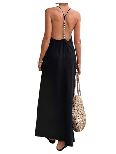 Verdusa Women's Linen Dresses Open Backless Flowy Long Maxi Dresses Beaded V Neck Vacation Dress