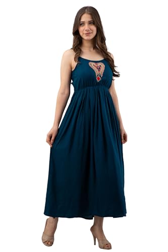 Image of Women's Rayon Sleeveless Embroidered Anarkali Kurti (Royal Blue)