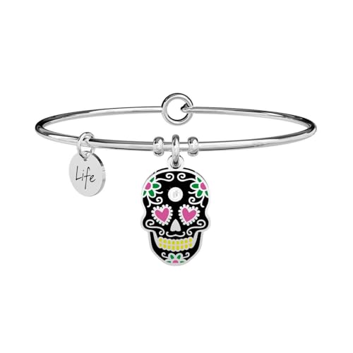 Bangle in acciaio con ciondolo a forma di teschio messicano smaltato. Smalti colorati e cristallo sul ciondolo Chiusura tonda Misura unica, diametro 6 cm Materiale: Acciaio 316L, Smalto, Cristallo