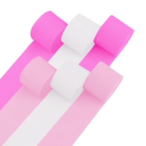 Image of 6 Pink & White Crepe Paper Streamers, 492ft Pack of Party Decorations | Each roll is 82 ft long and 1.8 Inch wide ideal for Birthday Party Decor, Baby showers and Bachelorette Parties
