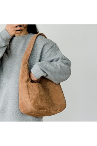 Image of Corduroy Fabric Shoulder Bag Retro Hobo Bag Casual Tote Bag | Multiple Pockets / Wide Strap / Foldable Purse