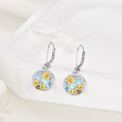 Image of LUHE Bee Earrings for Women 925 Sterling Silver Bumble Earrings with Honeycomb Honeybee Jewelry Dangle Gifts for Women