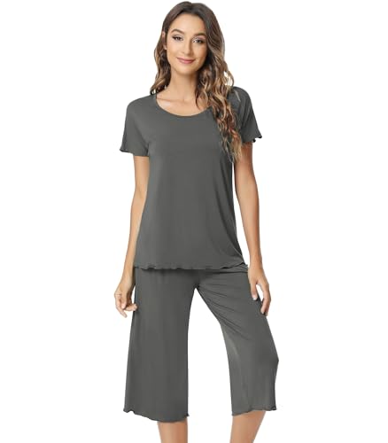 Image of NACHILA Women's Bamboo Viscose Pajama Sets Summer Cooling Short Sleeve Capri Soft Pjs Night Sweats Moisture Wicking Sleepwear