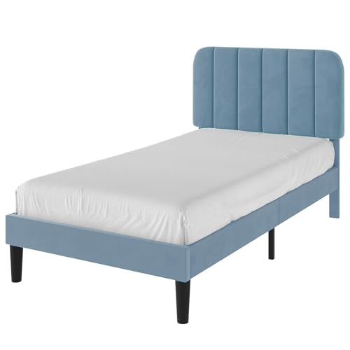 Image of VECELO Twin Size Bed Frame with Upholstered Headboard, Velvet Platform Bedframe Mattress Foundation, Strong Wood Slat Support, No Box Spring Needed,Sky Blue