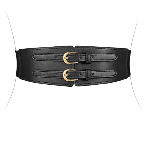 XZQTIVE Women's Wide Elastic Leather Belt for Dresses and Shirts, Stretchy Ladies Waist Belt with Double Gold Buckle