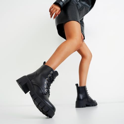 Image of Vepose Women's Lace-Up Combat Ankle Boots with Chunky Platform Heel