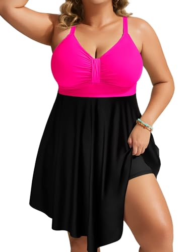 Hanna Nikole Womens Plus Size Swim Dress Swimsuit One Piece Tummy Control Bathing Suit Modest Flowy Swimwear Pink＆Black 28W