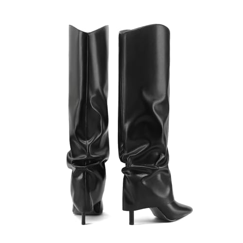Vaslemuse Womens Fold Over Knee High Boots Stiletto High Heel Slouchy Tall Boots Pointed Toe Sexy Long Boots Fashion Dress Shoes with Side Zipper 6