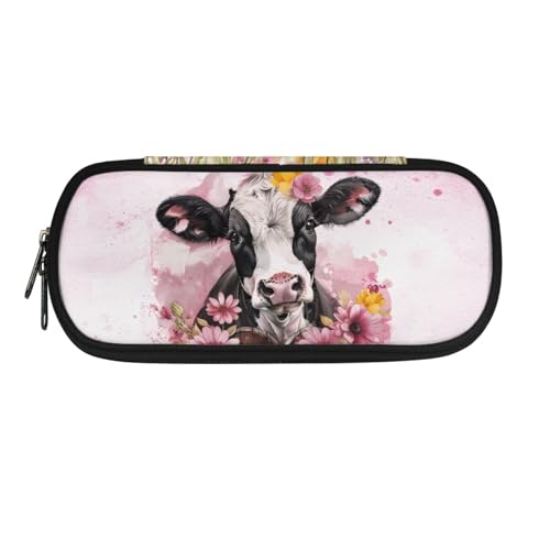 Image of Cow Flower Kids Pencil Case Big Capacity Pen Pouch for School Supplies Zippered Pencil Bag with Slots Pink Pencil Storage Bag for Middle School