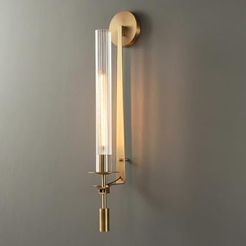 SEEAIRSHOP 28" Long Tube Glass Wall Sconce Modern Brass Wall Light Fluted Glass Cylinder Sconce Wall Lighting Gold Wall Mount Lamp Glass Ribbed Bathroom Vanity Light Cover