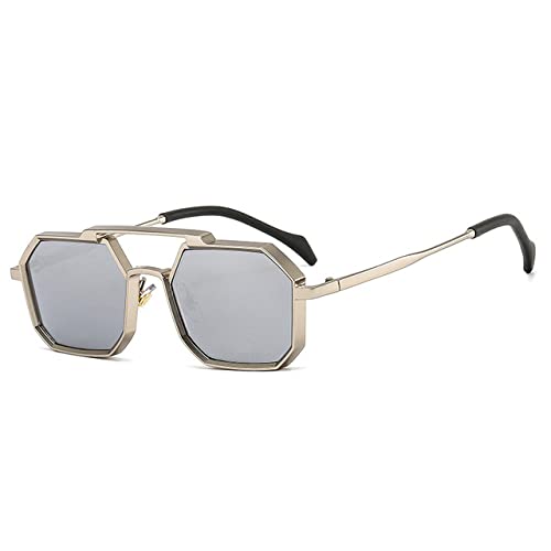 Lunettes de soleil polygone argent miroir style punk rétro métal pour femme et homme UV400