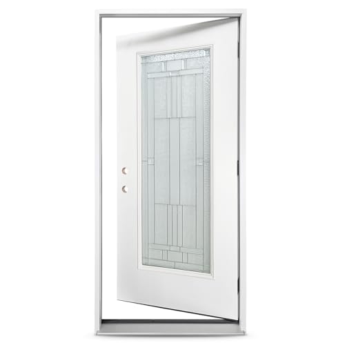Fiberglass Prehung Exterior Front Door, 36 in. x 80 in., Full Lite Decorative Glass, Finished White (Right-Hand Inswing)