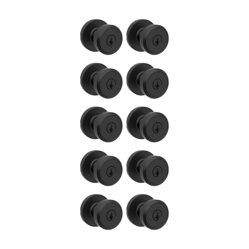 Image of Kwikset Maven Entry Door Knob with Lock and Key, Secure Keyed Handle Exterior, Front Entrance and Bedroom, Matte Black, 10 Pack, Pick Resistant SmartKey Rekey Security and Microban