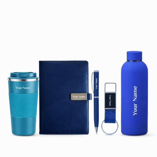 Image of Giftana Personalized Notebook Diary, Bottle, Coffee Tumbler 510ml, Keychain with Pen Gift Set, 5 in 1 Customized Gifting Items for Husband, Father, New Year Corporate Gifts for Employee (Blue)