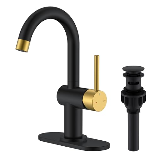 KENES Black and Gold Single Handle Bathroom Sink Faucet Modern Prep Wet Bar Sink Faucet with Drain Assembly & Deck Plate Vanity Faucets for Farmhouse RV Camper Utility KE-9005B-BG