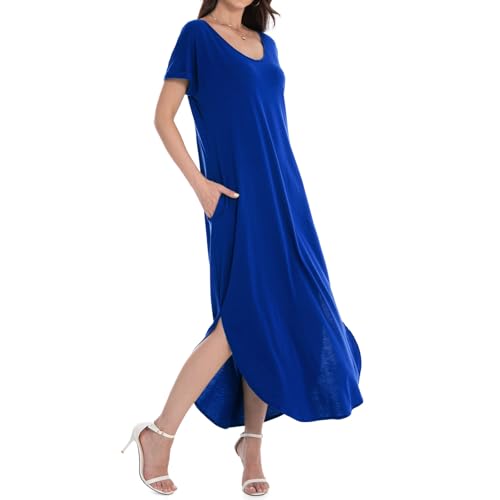 Image of Matchstick Women's Flowy Maxi Dress V-Neck Relaxed Loose Fit Short Sleeve Casual Sundress with Pockets Side Split Beach Dress
