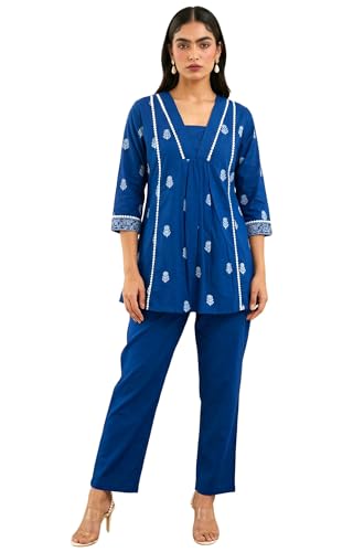 Image of Women's Pure Cotton Kurta Sets for Woman, Schiffli Embroidered Co ord Set for Women Stylish, Kurti Set for Woman, Ethnic Short Kurti and Pant Set