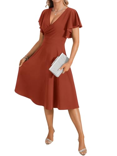 Image of LYANER Women's Warp V Neck Ruffle Short Sleeve A Line Swing Flared Cocktail Party Midi Dress