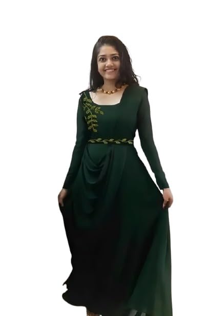 Full-Sleeve Anarkali Dress with Golden Leaf Embroidery-image-48
