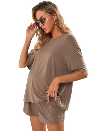 Image of Verdusa Women's Maternity Pajama Set 2 Piece Drop Shoulder Top and Short Lounge Sets