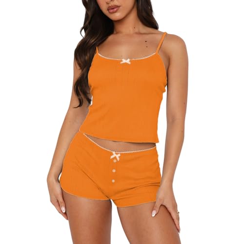 Image of Women's Two Piece Outfit Lace Trim Top and Shorts Set 2 Piece Lounge Sets Ladies PJs Summer Clothes