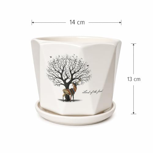Image of Xtore Artistic Forest-Themed Ceramic Planter with Drainage Tray | Decorative Indoor Flower Pot for Home, Office Desk & Balcony Styling (White with Decal - Planter only)