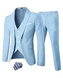 MY'S Men's 3 Piece Suit Set with Tie, One Button Slim Fit Solid Jacket Vest Pants, Prom Party Wedding Business Suits for Men, Sky Medium