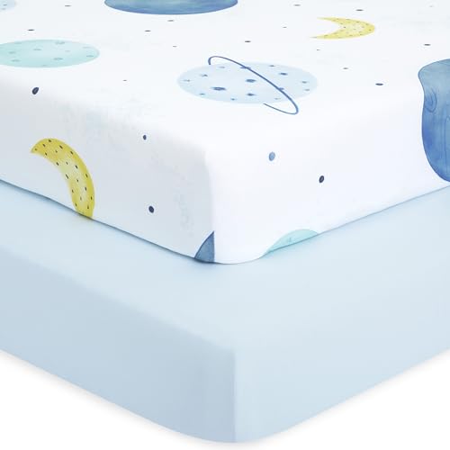 Image of Buybuy Baby by Evolur Space Adventure Light 2 Pack Crib Sheet, Fitted Crib Sheet for Standard Crib and Toddler Mattress, Soft and Breathable Crib Mattress Sheet