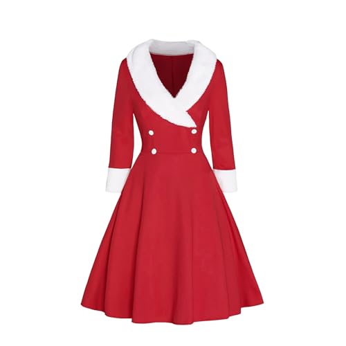Weihnachtskleider Damen Elegant 50er Jahre Audrey Hepburn-Stil Elegantes Weihnachten Retro Lange Ärmel V-Ausschnitt Weihnachtsfrau Vintage...