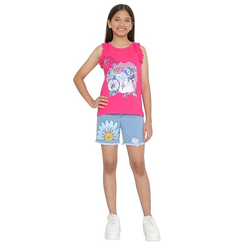 Image of TotzTouch Kids Girls Flowe printed Blue Denim Shorts With Sleeveless Tshirt | Shorts Set | Clothing Set Pack of 1 (3 Years to 15 Years)