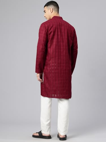 Image of Majestic Man Men's Pure Cotton Textured Check Mandarin Collar Long Kurta