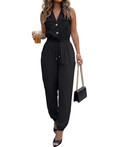 CHICME Jumpsuits for Women One Piece Outfits Summer 2026 Spring Vacation Travel Outfits Dressy Casual Sleeveless Notched Collar Cargo Tapered Romper